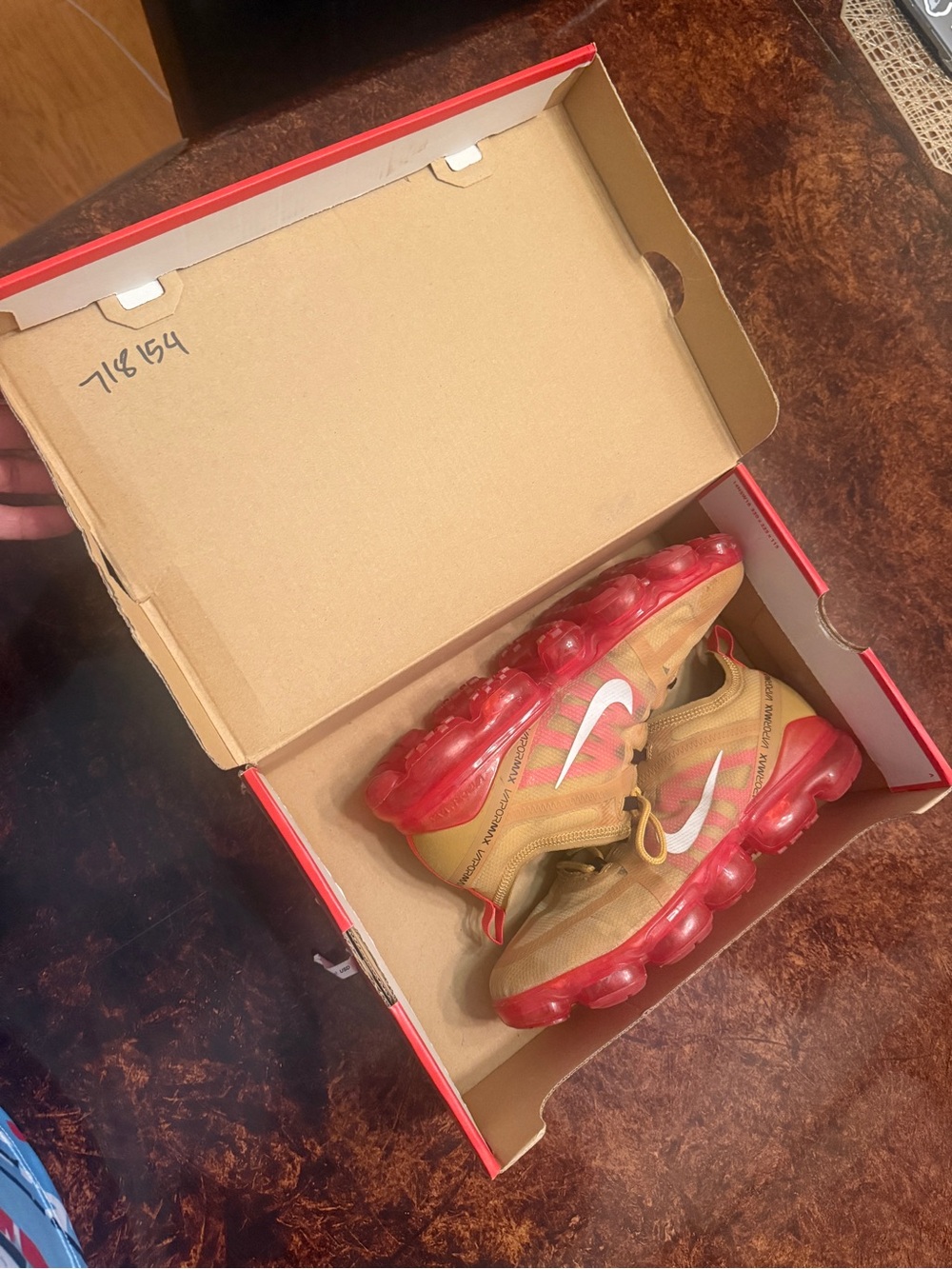Nike Tan and Red Air VaporMax Style Athletic Shoes